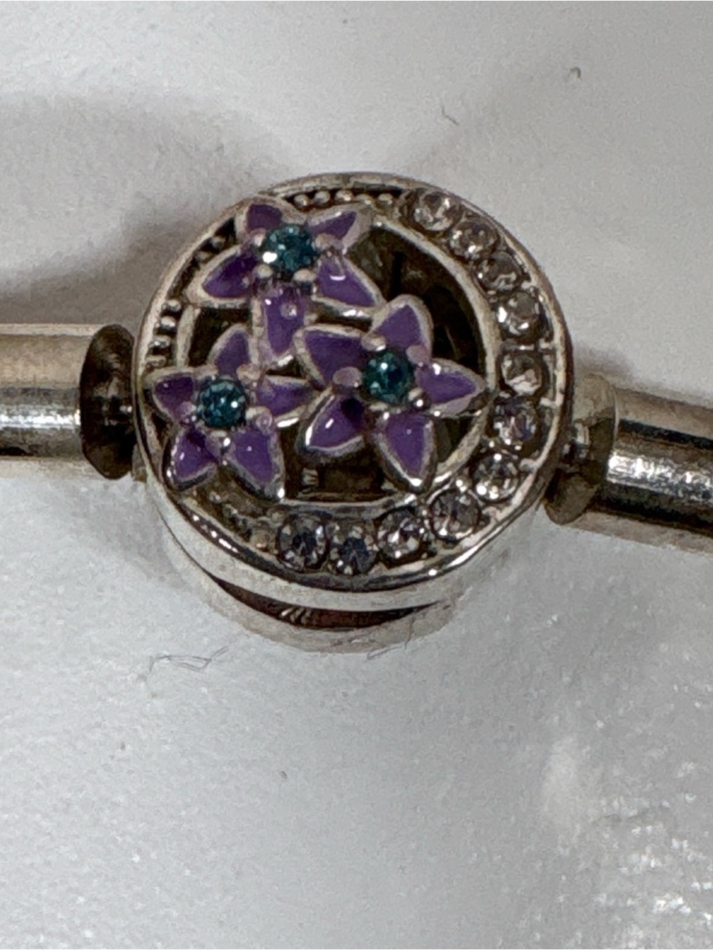 Othr Silver Floral Charm Bead with Purple Enamel and Teal Centers